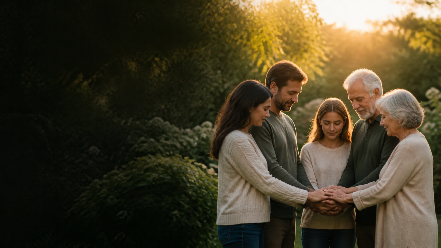 Family standing together in a garden